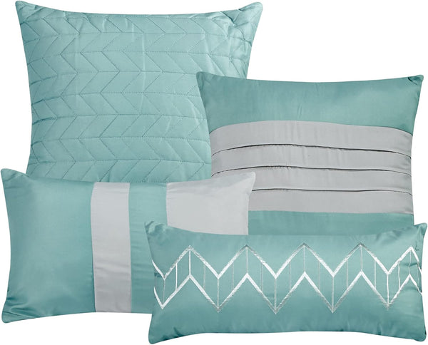 7 Piece Green Blue Grey Geometric Soft Bedding Comforter Set - Queen Size