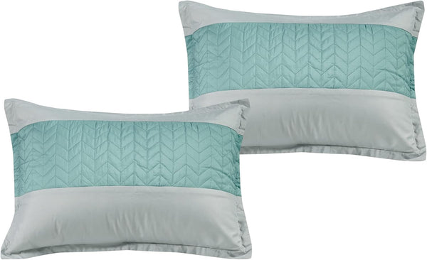 7 Piece Green Blue Grey Geometric Soft Bedding Comforter Set - Queen Size