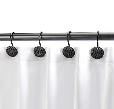 12 Piece Set - Matte Black Pebble Stones Heavy Duty Shower Curtain Hooks Rings Rustproof Metal
