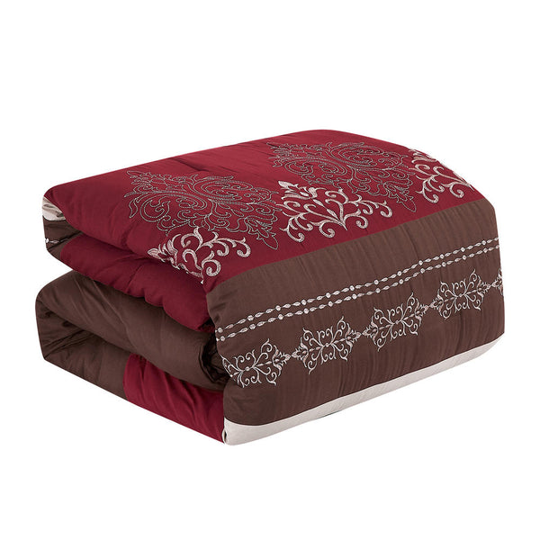7 Piece Burgundy Brown Embroidery Soft Bedding Comforter Set - Queen Size