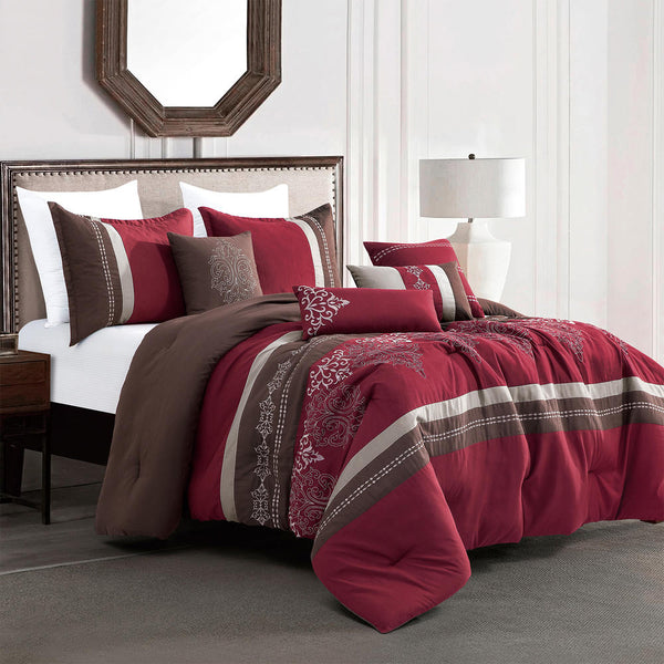 7 Piece Burgundy Brown Embroidery Soft Bedding Comforter Set - Queen Size