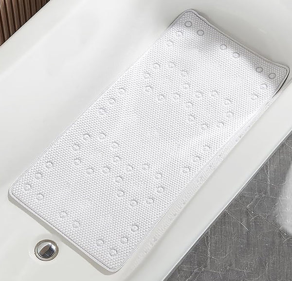 Extra Thick Long White Non-Slip Foam Bathtub Shower Mat With Suction Cups Fast Drying - 36" x 17"