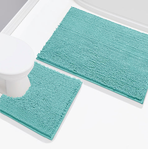 2 Piece Set Spa Blue Soft Cozy Plush Chenille Bath Mat Bathroom Rug