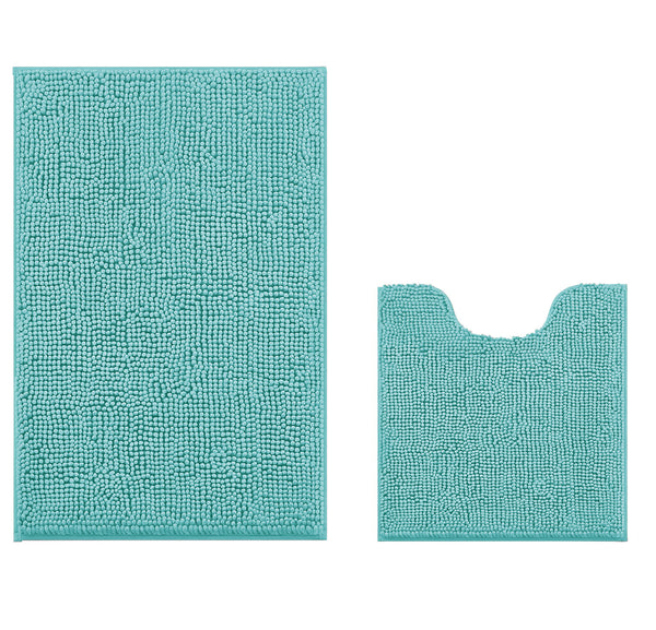 2 Piece Set Spa Blue Soft Cozy Plush Chenille Bath Mat Bathroom Rug