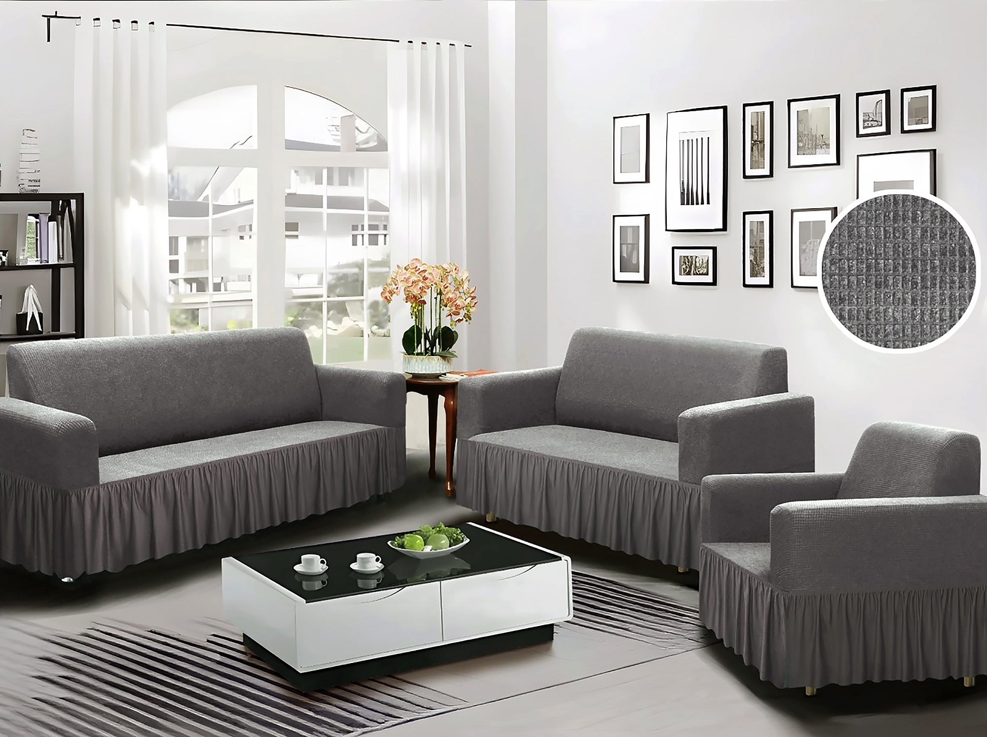 Grey 3-Piece Set 4-Way Stretch Ruffled Skirt Slipcover Sofa Loveseat & Armchair Cover Protector