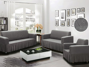 Grey 3-Piece Set 4-Way Stretch Ruffled Skirt Slipcover Sofa Loveseat & Armchair Cover Protector