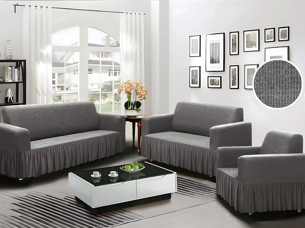 Grey 3-Piece Set 4-Way Stretch Ruffled Skirt Slipcover Sofa Loveseat & Armchair Cover Protector