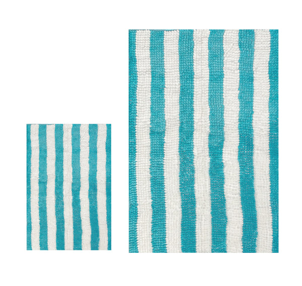 Extra Large 2 Piece Set Light Blue White Stripe Soft Cozy Plush Chenille Bath Mat Bathroom Rug