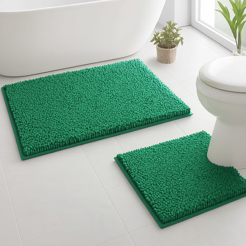 2 Piece Set Hunter Green Soft Cozy Plush Chenille Bath Mat Bathroom Rug