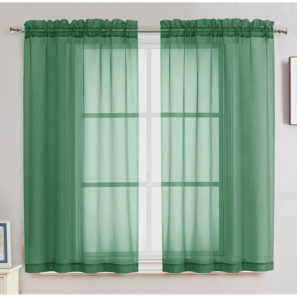 Hunter Green Sheer Window Rod Pocket Curtain Set - 63" Inches Long (2 Panels)