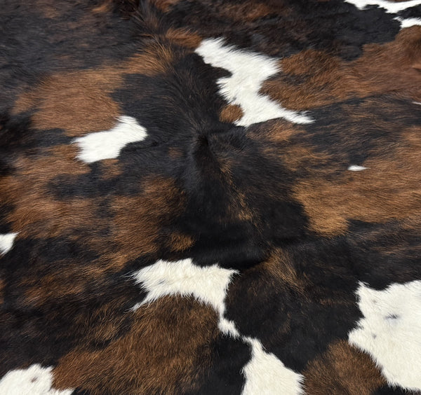 6' x 7' Feet Tri-Color Cowhide Brown Black White Handmade Soft Large Cow Hide Cow Skin Leather Animal Area Rug