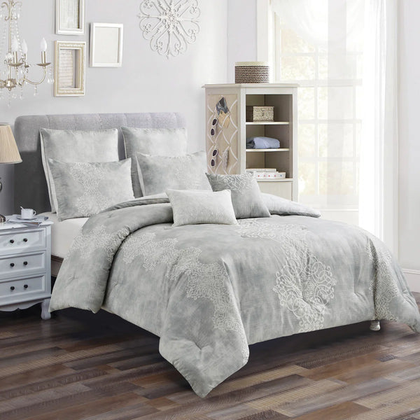 7 Piece Grey Modern Comforter Set Soft Bedding