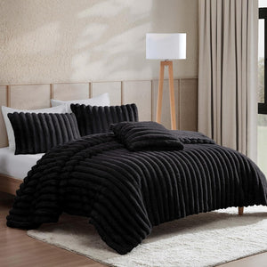 4 Piece Solid Black Everett Faux Fur Soft Bedding Comforter Set