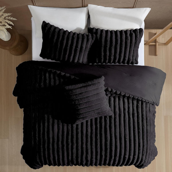 4 Piece Solid Black Everett Faux Fur Soft Bedding Comforter Set