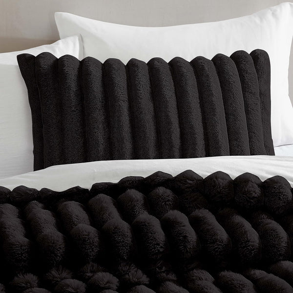 4 Piece Solid Black Everett Faux Fur Soft Bedding Comforter Set