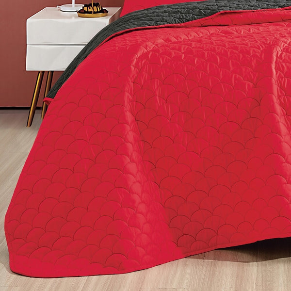 3 Piece Red & Dark Grey Reversible Quilt Coverlet Bedspread Bedding Set
