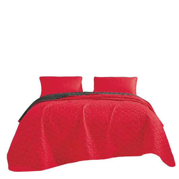 3 Piece Red & Dark Grey Reversible Quilt Coverlet Bedspread Bedding Set