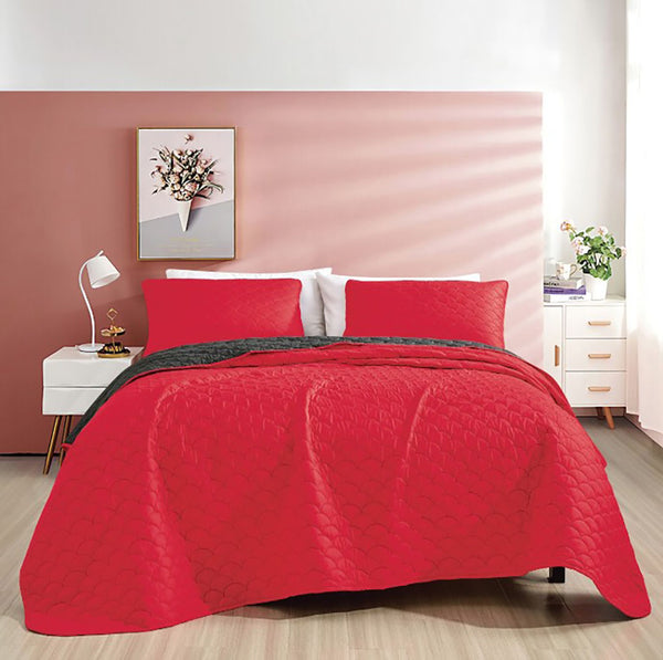 3 Piece Red & Dark Grey Reversible Quilt Coverlet Bedspread Bedding Set