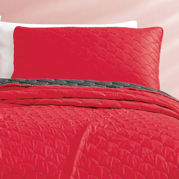 3 Piece Red & Dark Grey Reversible Quilt Coverlet Bedspread Bedding Set