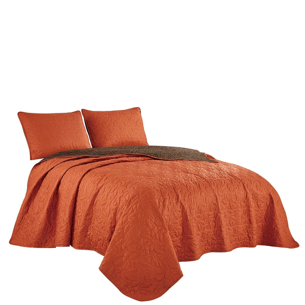 3 Piece Orange & Brown Geometric Reversible Quilt Coverlet Bedspread Bedding Set
