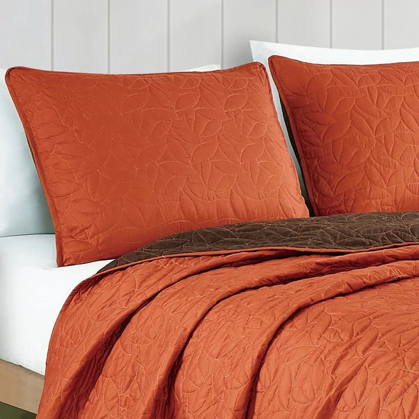 3 Piece Orange & Brown Geometric Reversible Quilt Coverlet Bedspread Bedding Set