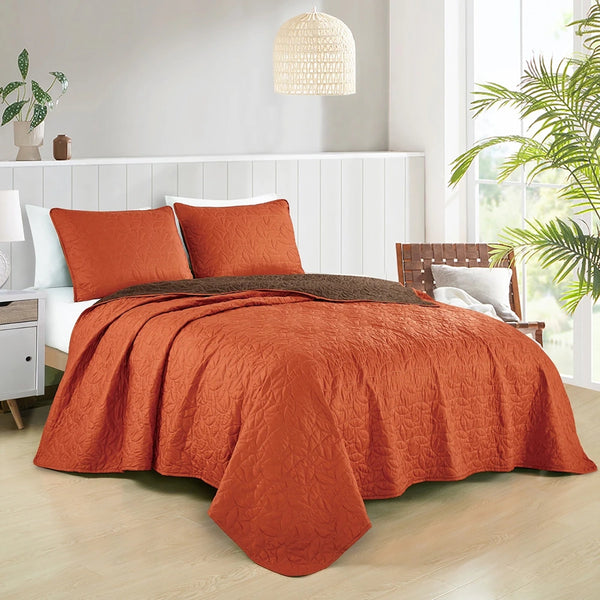 3 Piece Orange & Brown Geometric Reversible Quilt Coverlet Bedspread Bedding Set