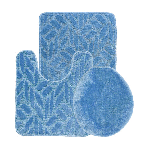 Light Blue Bath Set 3 Piece Anti-Slip Leaf patch Bathroom Mat, Large Contour Mat & Toilet Seat Lid Cover