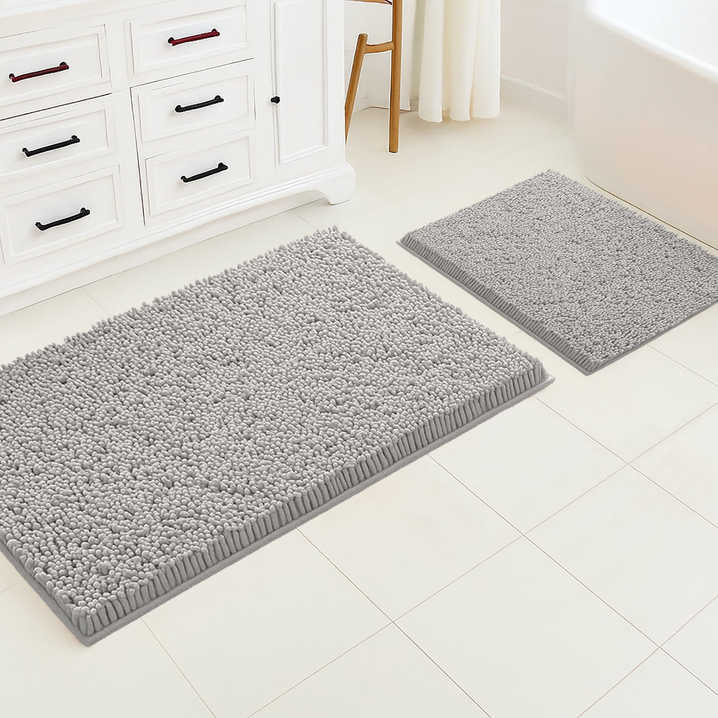 Extra Large 2 Piece Set Light Grey Soft Cozy Plush Chenille Bath Mat Bathroom Rug
