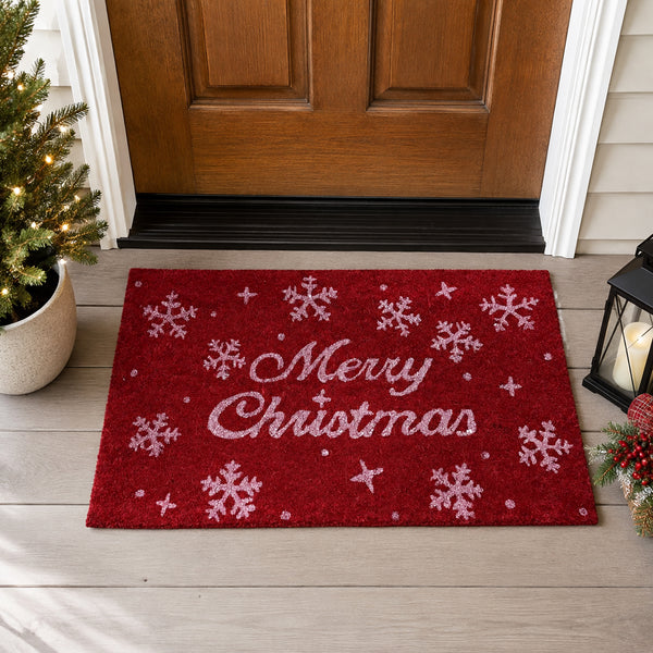 Heavy Duty Red Merry Christmas Holiday Snowflake Natural Coconut Coir Indoor/Outdoor Front Door Entry Mat Doormat - 17"x29"&nbsp;