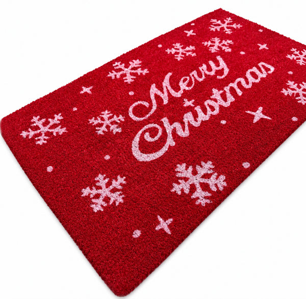 Heavy Duty Red Merry Christmas Holiday Snowflake Natural Coconut Coir Indoor/Outdoor Front Door Entry Mat Doormat - 17"x29"&nbsp;