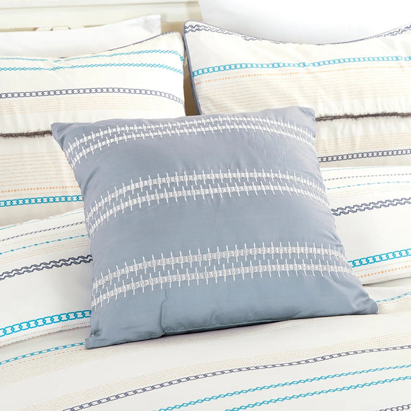 7 Piece Ivory Blue Striped Comforter Set Soft Bedding