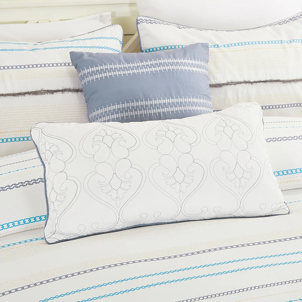 7 Piece Ivory Blue Striped Comforter Set Soft Bedding