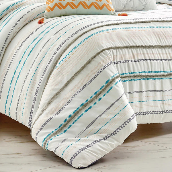 7 Piece Ivory Blue Striped Comforter Set Soft Bedding