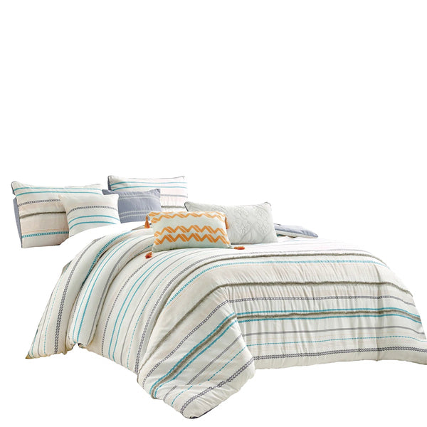 7 Piece Ivory Blue Striped Comforter Set Soft Bedding