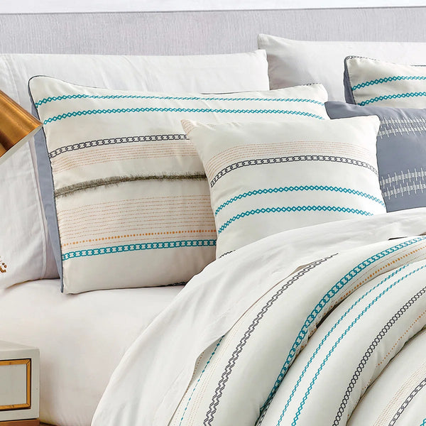 7 Piece Ivory Blue Striped Comforter Set Soft Bedding