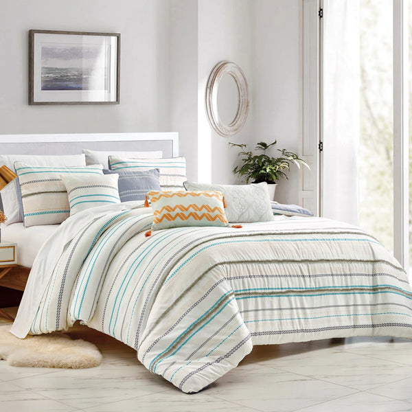 7 Piece Ivory Blue Striped Comforter Set Soft Bedding