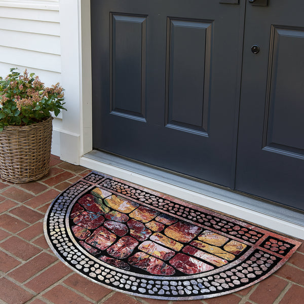30"x19" -Red Stones Pebbles Half-Circle Non-Slip Rubber Washable Low-Pile Indoor Outdoor Entrance Door Mat