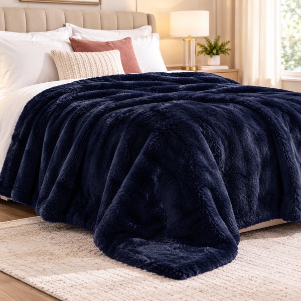 King Size Navy Blue Ultra Soft Plush Fluffy Luxury Cozy Warm Fuzzy Faux Rabbit Fur Bed Blanket