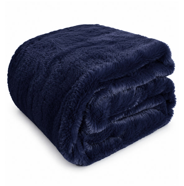 King Size Navy Blue Ultra Soft Plush Fluffy Luxury Cozy Warm Fuzzy Faux Rabbit Fur Bed Blanket