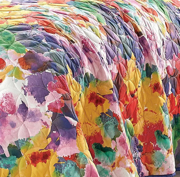King Size - 3 Piece Floral Abstract Purple Yellow Reversible Quilt Coverlet Bedspread Bedding Set