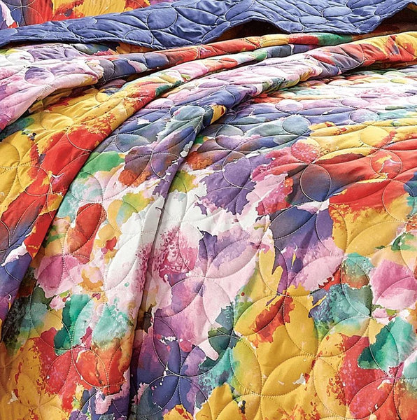 King Size - 3 Piece Floral Abstract Purple Yellow Reversible Quilt Coverlet Bedspread Bedding Set