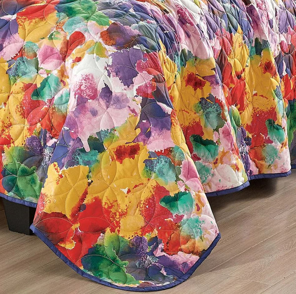 King Size - 3 Piece Floral Abstract Purple Yellow Reversible Quilt Coverlet Bedspread Bedding Set