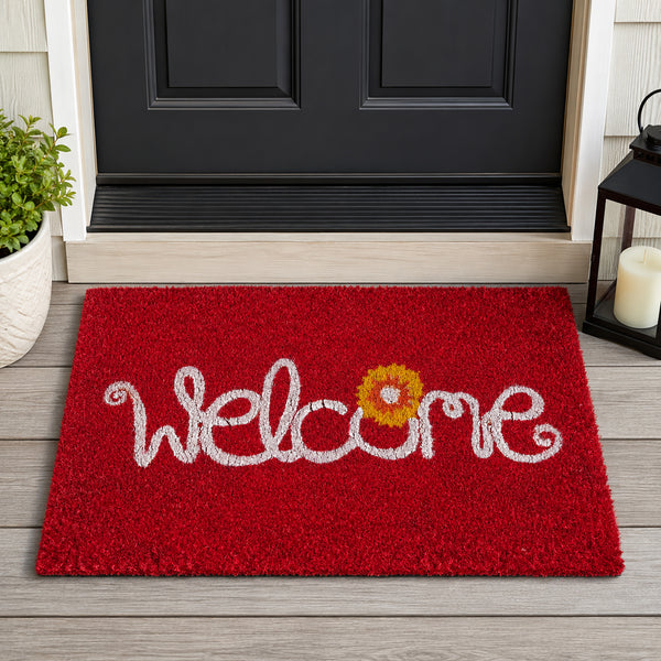 Heavy Duty Red Welcome Natural Fiber Coconut Coir Entryway Door Mat with Floral Design – 17"x29"