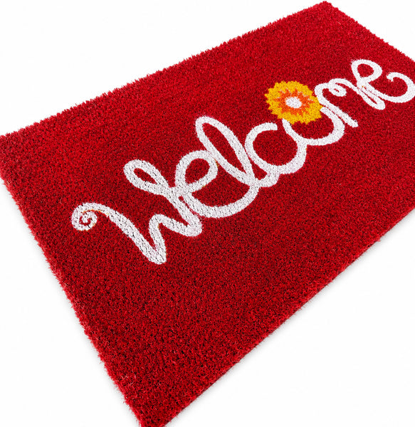 Heavy Duty Red Welcome Natural Fiber Coconut Coir Entryway Door Mat with Floral Design – 17"x29"