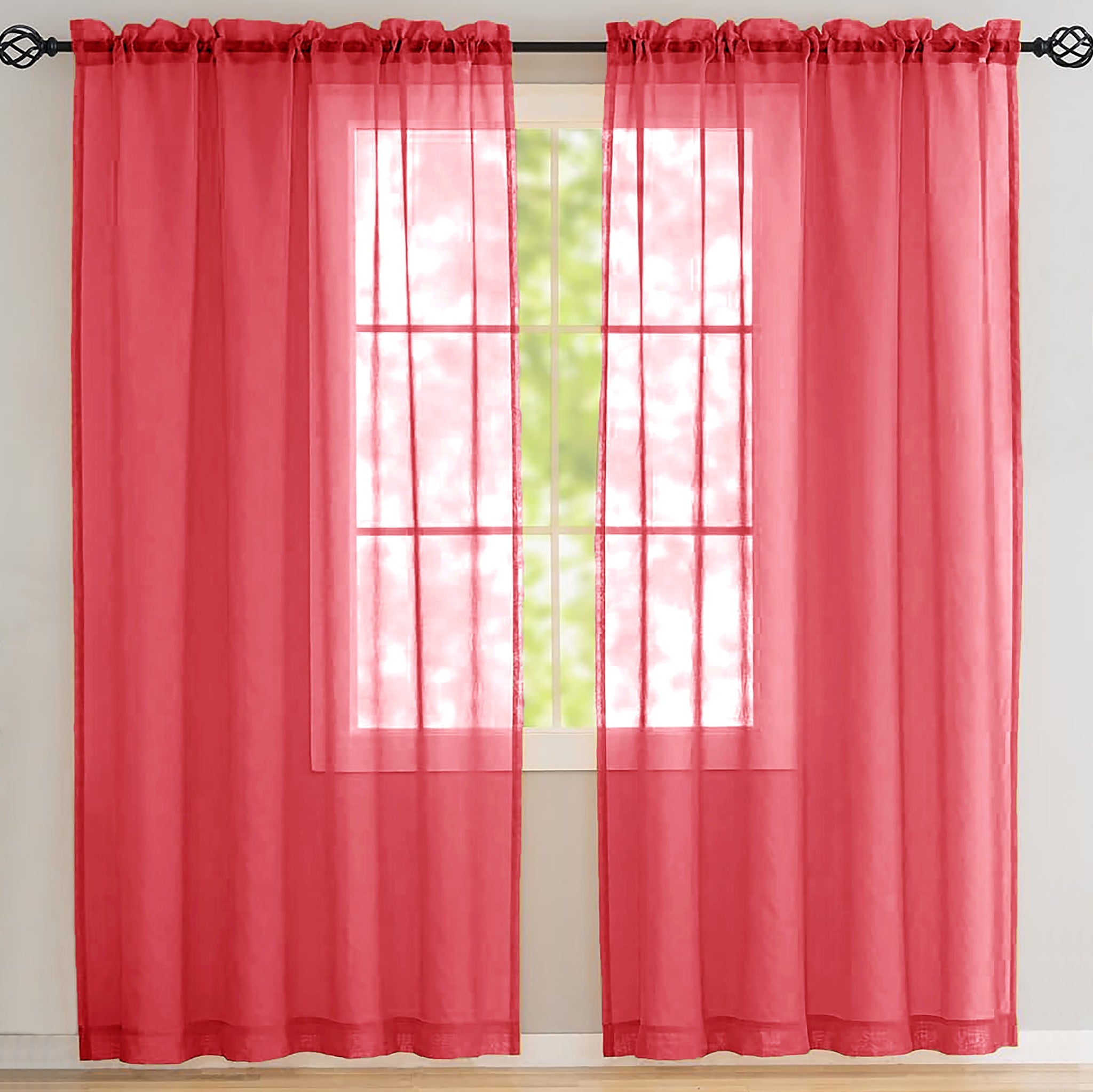 Red Sheer Window Rod Pocket Curtain Set 90" Inches Long (2 Panels)