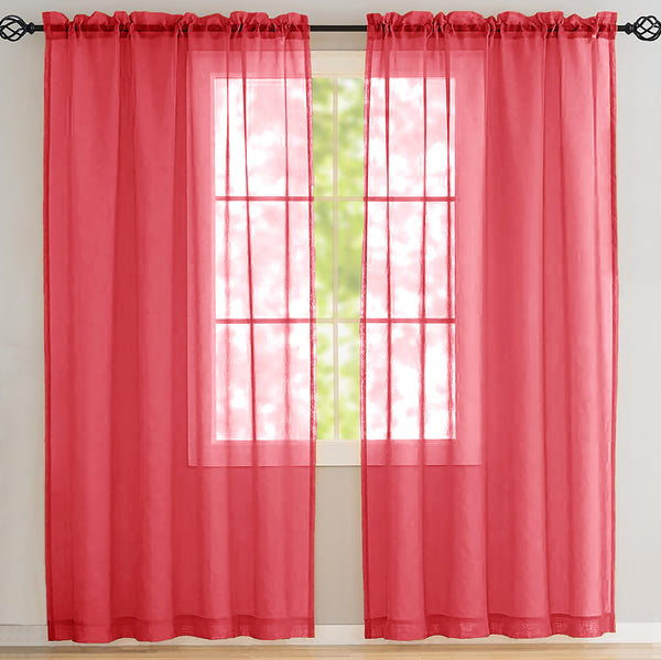Red Sheer Window Rod Pocket Curtain Set 90" Inches Long (2 Panels)