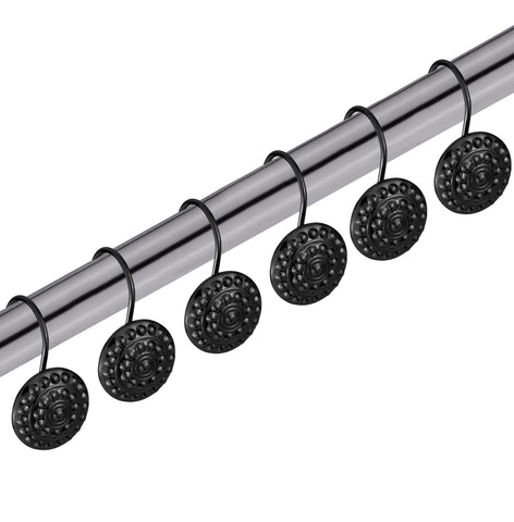 12 Piece Set - Matte Black Button Heavy Duty Shower Curtain Hooks Rings Rustproof Metal
