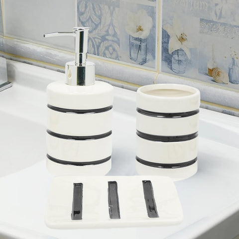 White Black Striped Dolomite Bathroom Accessories Set - Soap Dispenser, Soap Dish & Tumbler