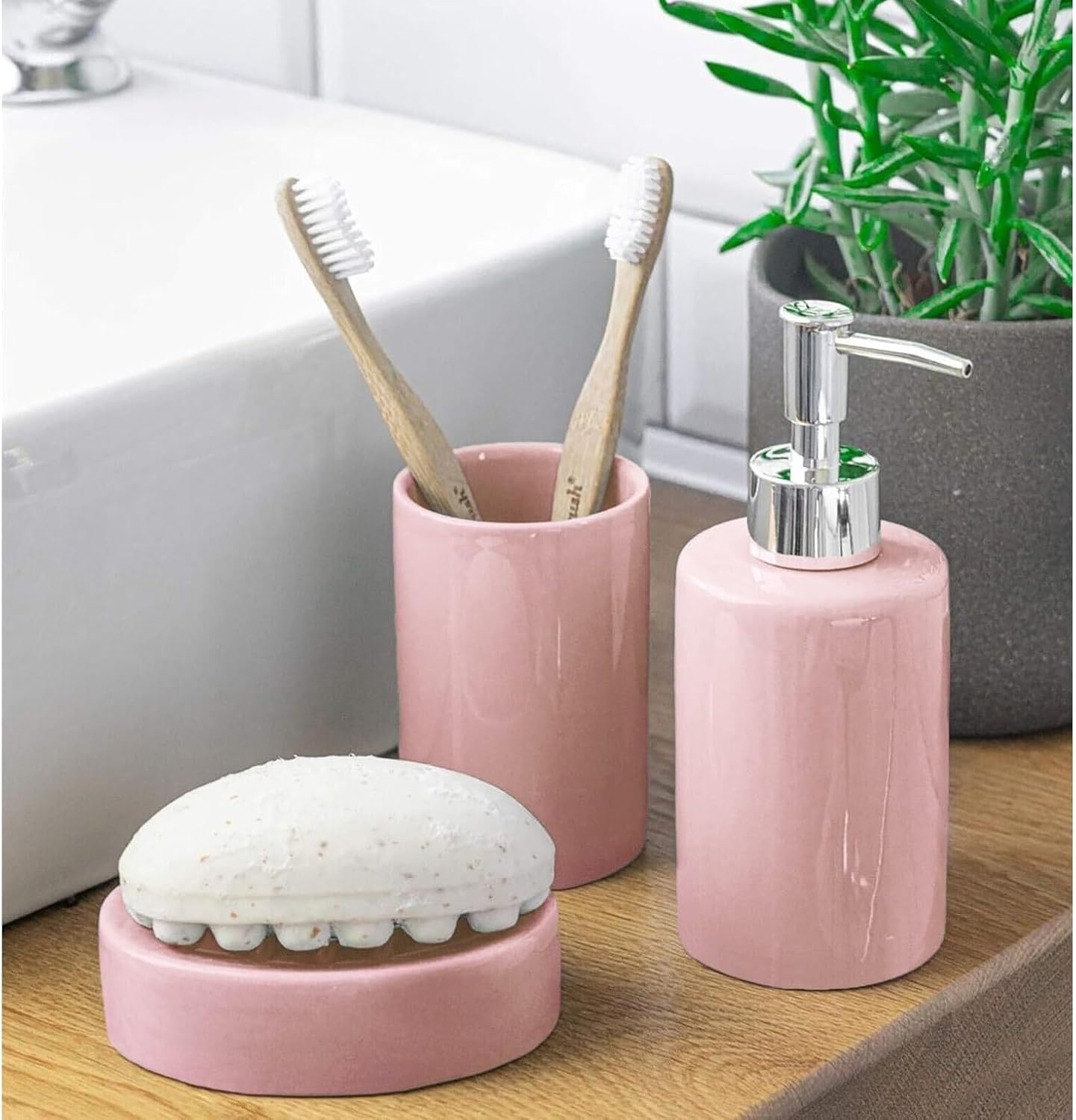 Pink Dolomite Bathroom Accessories Set - Soap Dispenser, Soap Dish & Tumbler