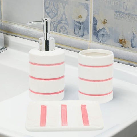 White Pink Striped Dolomite Bathroom Accessories Set - Soap Dispenser, Soap Dish & Tumbler
